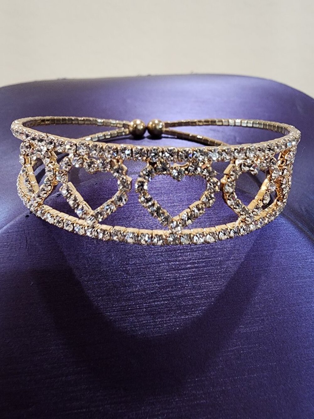 Vintage Five Bracketed Hearts with Prong Set Rhinestones Gold Flexible Bracelet